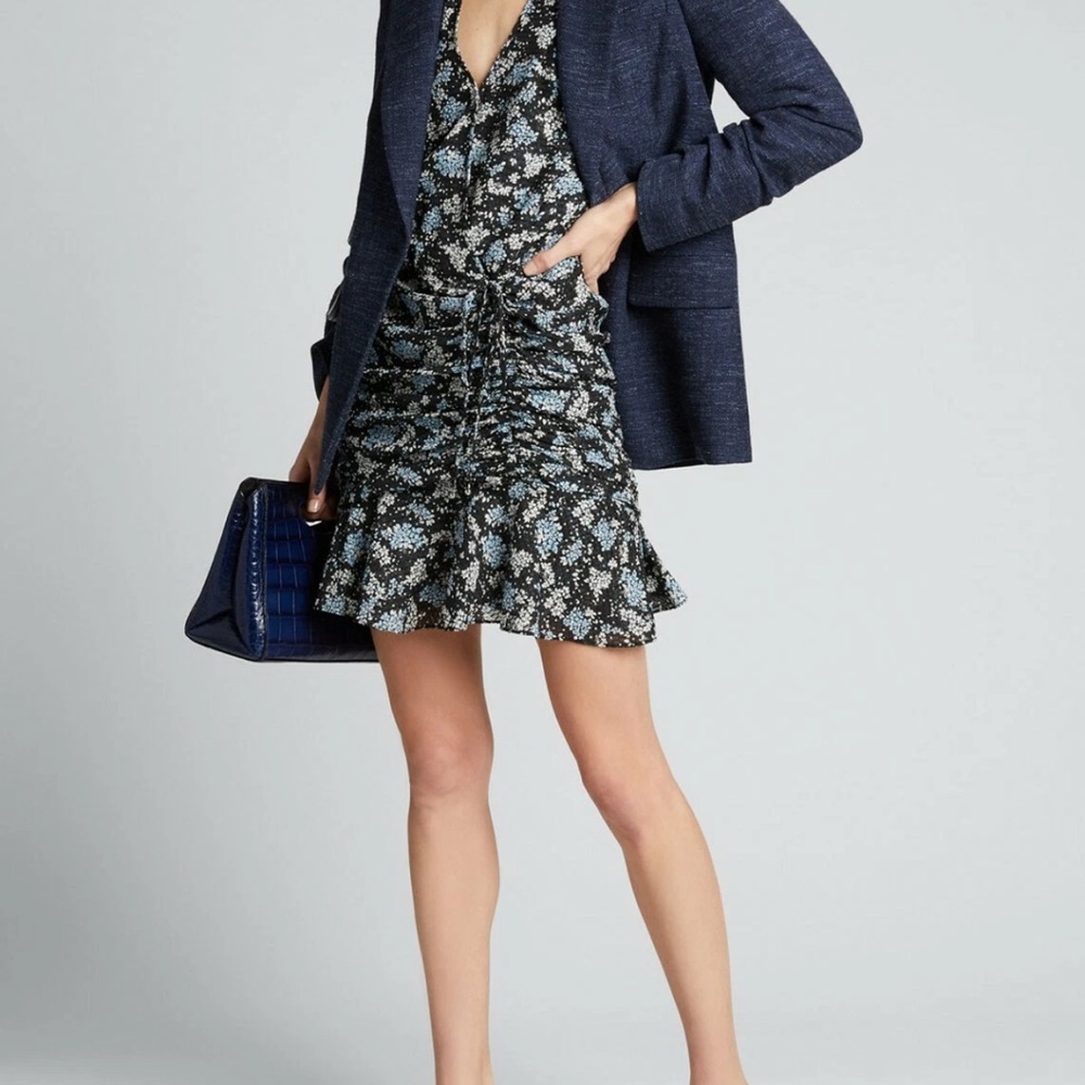 Veronica Beard Sean SILK Ruched Wrap Mini Dress Navy Blue Multi Floral Sz 0 - Picture 5 of 6